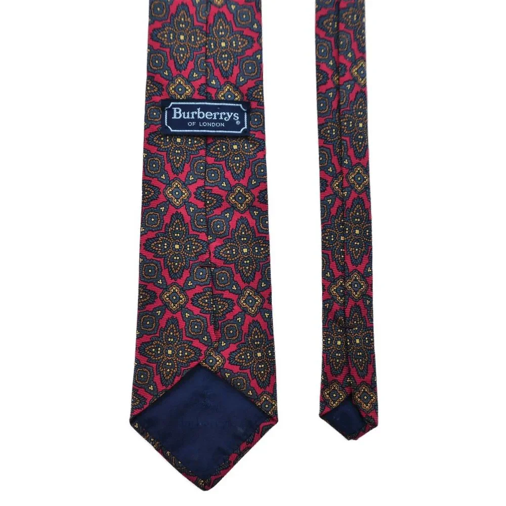 Vintage Burberrys of London Tie Mandala Floral Red Grey Yellow Gold 3.5 wide
